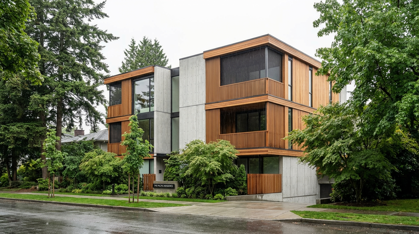 Modern gentle density multiplex in Vancouver with cedar siding and large windows